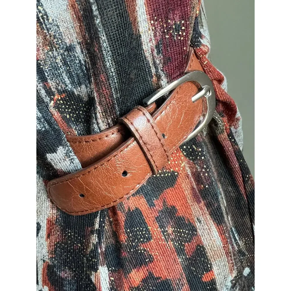 Susan‎ Lawrence Pullover Multicolor Brown Faux Leather Buckle Wrap Top Sweater S